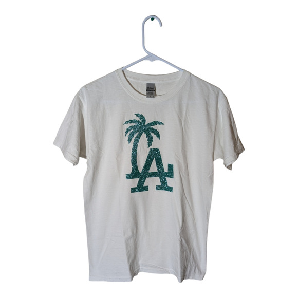 LA Palm Trees Glitter Graphic Tee Shirt Size L Pre Owned - Picture 1 of 5